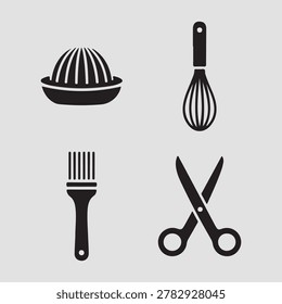 Cooking preparation tools flat lay icons bundle showcasing knives boards utensils and cooking equipment suitable for recipe design and culinary branding visuals