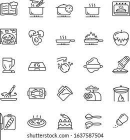 Cooking, preparing food, cookery, icon set. attributes, cooking tools and ingredients, linear icons. Line with editable stroke