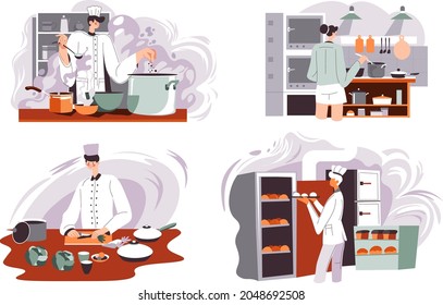 Cooking and preparing food in kitchen, restaurant or cafe, bistro or bakery shop or store. People wearing uniforms making buns and pastry, salads or healthy menu dishes. Vector in flat style