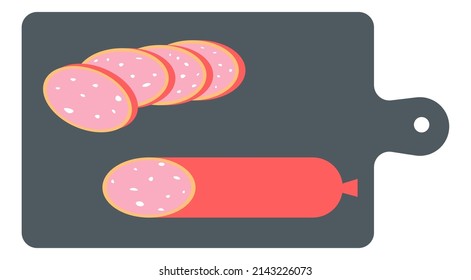 Cooking and preparing food, pepperoni sausage, isolated Italian salami or ham on cutting board. Cuisine and delicatessen, delicious and tasty product. Assortment of shop, snacks. Vector in flat