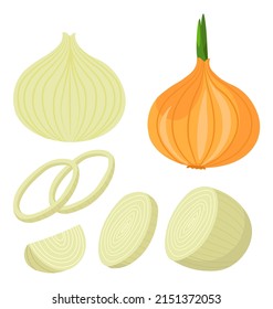 Cooking And Preparing Tasty And Healthy Dishes Using Onion Slices For Salad Or Frying. Dieting And Nutrition, Nourishment And Organic Eating. Chopped And Sliced Veggies, Vector In Flat Style