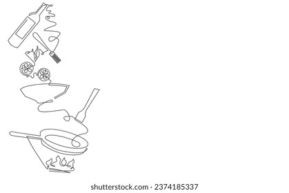 Cooking process at background. Meal preparation with food ingredients and utensils. Vector illustration.