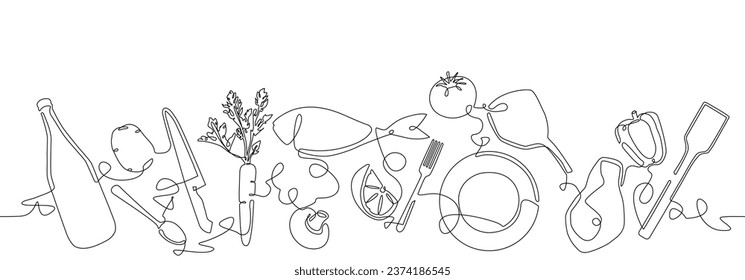 Proceso de cocina en segundo plano. Preparación de la comida a partir de ingredientes alimentarios. Ilustración vectorial.