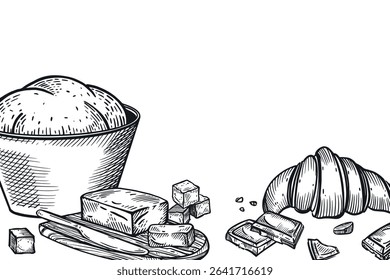 Cooking, the process of cooking, baking, bowl of dough, butter, sugar, croissant, chocolate. All objects are hand-drawn with ink. The illustration is suitable for printing in stores, food packaging.