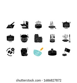 Cooking process black glyph icons set on white space. Different food preparation methods, various culinary techniques silhouette symbols. Ingredients and kitchen utensils vector isolated illustrations