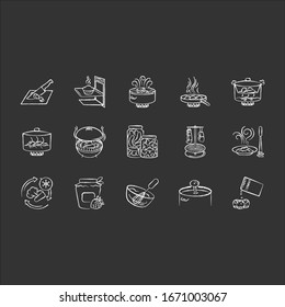 Cooking process chalk white icons set on black background. Different food preparation methods, various culinary techniques. Ingredients and kitchen utensils isolated vector chalkboard illustrations