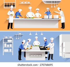 Cooking process with chef figures at the table in restaurant kitchen interior isolated vector illustration