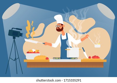 Cooking process with chef at the table in kitchen interior vector illustration. Recording online video. Color vector flat cartoon icon. Concept for food blogger.