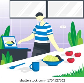 Cooking process with chef at the table in kitchen interior. Watching a recipe for dishes on a laptop on the Internet. Color vector flat cartoon icon. Concept for food blogger and learns how to cook