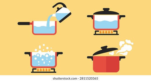 Cooking process collection with boiling steaming and heating pots illustration flat vector isolated on colorful background kitchen culinary preparation concept design