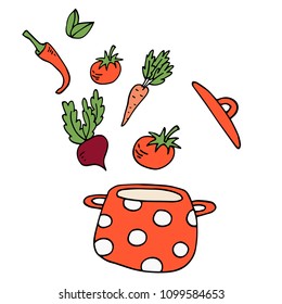 Cooking process creative illustration, kitchen and cuisine concept. Isolated pot with vegetables, soup, sliced ingredients in receipt. Layout healthy food and culinary cartoon in cut out paper style.