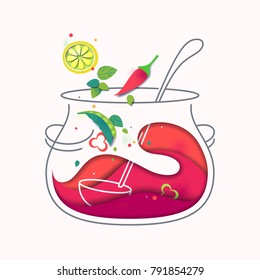 Diseño de cocina, ilustración creativa, cocina y cocina. Aislada olla con verduras, sopa, ingredientes cortados en rodajas. Diseño de alimentos saludables y caricaturas culinarias al estilo de papel cortado. 