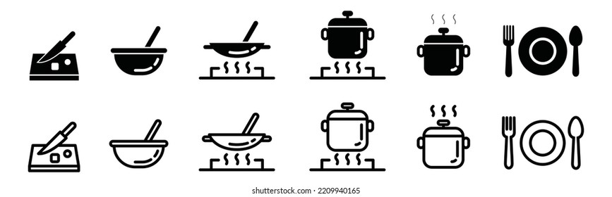 Cooking process from cutting ingredients to ready to serve on the plate icon vector set. Knead dough, frying, steaming symbol illustration. Hot pot sign silhouette