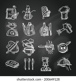 Cooking process delicious food sketch chalkboard icons set isolated vector illustration