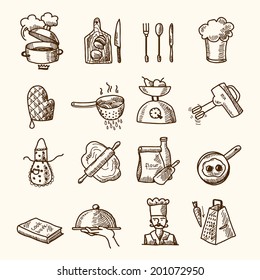 Cooking Process Delicious Food Sketch Icons Set Isolated Vector Illustration