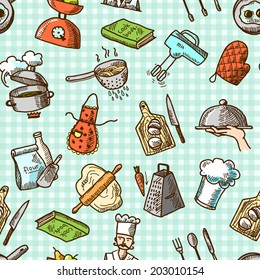 Cooking process delicious food sketch icons on squared background seamless pattern vector illustration