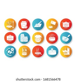 Cooking process flat design long shadow glyph icons set. Different food preparation methods, various culinary techniques. Ingredients and kitchen utensils silhouette RGB color illustrations