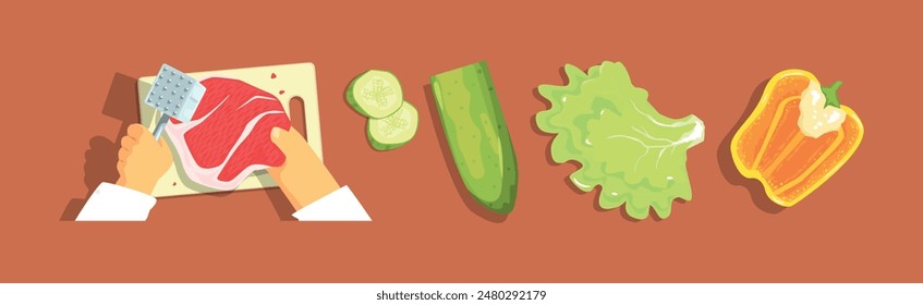 Cooking Process with Hand and Ingredient Table Above Vector Set