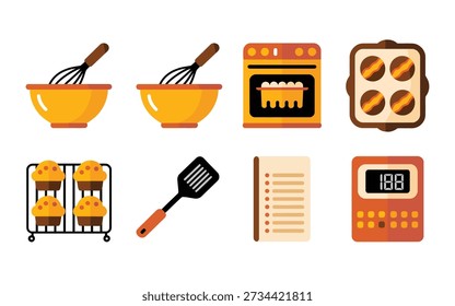 Paquete de iconos de proceso de cocción, tazones de mezcla, horno con bandeja, espátula y tazas, hoja de receta, fiesta de horneado familiar, gráficos de cocina navideña