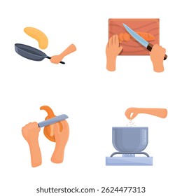 Cooking process icons set cartoon vector. Hand preparing food. Top view