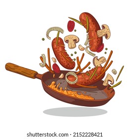 A Cooking Process, isolated vector illustration. A vivid picture of a frying pan in motion with sausages and vegetables frying on it. A cafe logo, cafeteria signboard, menu page, ad banner design