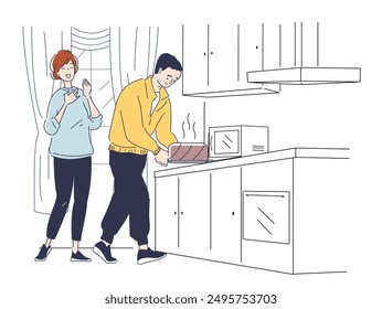 Cooking process at kitchen. Man and woman with hot cake in kitchen. Family preparing dessert and delicacy. Culinary and preparation. Linear vector illustration isolated on white background