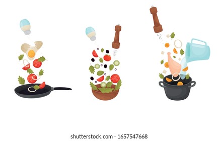 Cooking Process with Making Omelette and Soup Vector Set