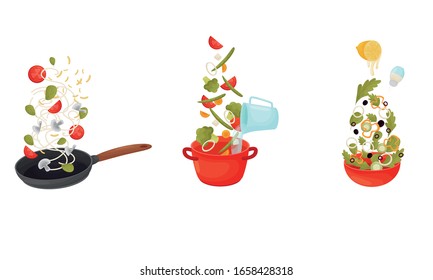 Cooking Process with Making Pasta and Soup Vector Set