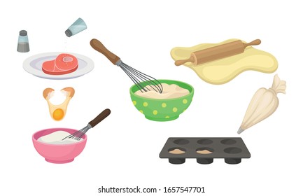 Cooking Process with Mixing, Rolling Out Pastry and Curing Bacon Vector Set