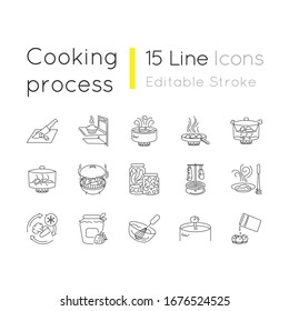 Cooking process pixel perfect linear icons set. Different food preparation methods, culinary techniques customizable thin line contour symbols. Isolated vector outline illustrations. Editable stroke