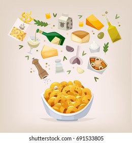 Cooking process of preparing mac and cheese dish for dinner with family. This vector illustration can be used in menu brochures.