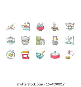 Cooking process RGB color icons set. Different food preparation methods, various culinary techniques. Ingredients and kitchen utensils isolated vector illustrations