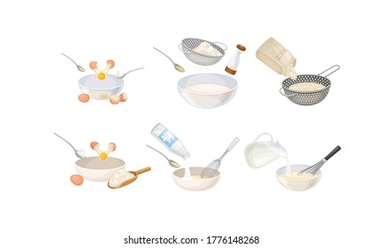 Cooking Process with Rice Sieving and Mixing Ingredients for Baking Vector Set