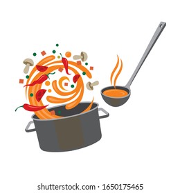 cooking process of soup on saucepan isolated on white background