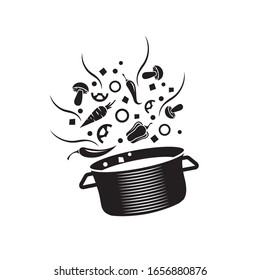 cooking process of soup on saucepan isolated on white background