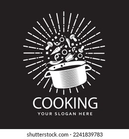 cooking process of soup on saucepan with rays isolated on black background