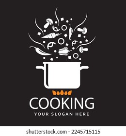 cooking process of soup on saucepan isolated on black background