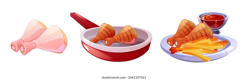 Cooking process steps of chicken drumstick roasting on grill pan. Cartoon vector illustration of bbg poultry meat preparing - raw legs, fried in skillet and ready to eat on plate with ketchup sauce.