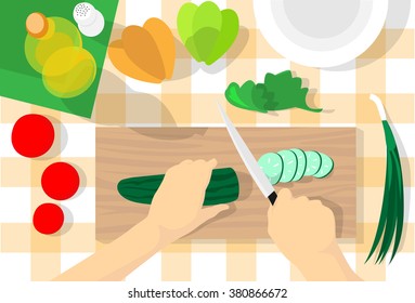 Cooking Process Table Kitchen Chopping Cucumber Vegetables Healthy Food Top Angle View Flat Vector Illustration