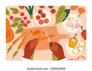 Cooking process, top view. Mothers and kids hands cook together. Mom teaching child to make salad, help to cut vegetables, making healthy dish from fresh ingredients. Flat vector illustration