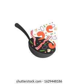 Cooking process vector illustration. Flipping fry shrimps and bacon in a pan. Cartoon flat style - Shutterstock ID 1629448186