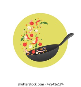 Cooking process vector illustration. Flipping Asian food in a pan. Cartoon style