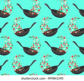 Cooking process vector illustration. Flipping Asian food in a pan. Seamless pattern. Cartoon style