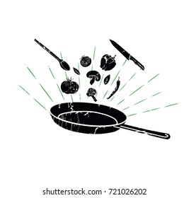  Cooking Process Vector illustration. Flipping  Food in a Pan. Vintage style. Elements  for  Cafe, Restaurant or Home Cooking.