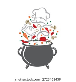 cooking process of vegetables on cauldron isolated on white background