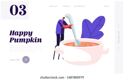 Cooking Process Website Landing Page. Tiny Male Character Mixing Pumpkin Soup with Huge Cook Prepare Tasty Dish for Thanksgiving Day Dinner. Home Food Web Page Banner. Cartoon Flat Vector Illustration