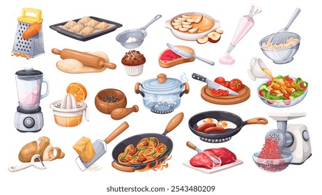 Procesos de cocción, conjunto de preparación de alimentos de dibujos animados. Elaboración de masa, comidas con diferentes ingredientes, utensilios de cocina y herramientas. Receta mascotas, técnica de cocina de dibujos animados colección Ilustración vectorial