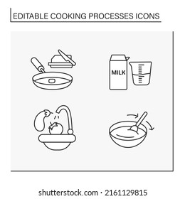 Cooking processes line icons set. Measuring cup, butter on a preheated pan, dough kneading, rinse vegetables. Food preparation. Cooking process concept. Isolated vector illustrations.Editable stroke