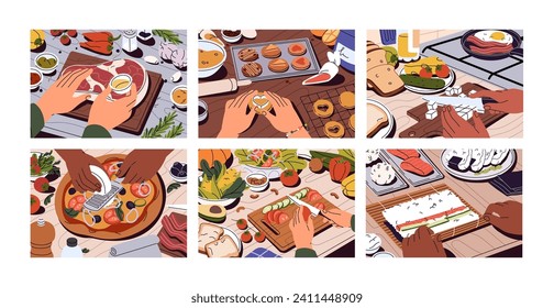 Cooking processes set. Hands cook meat, pizza, sushi top view. People baking cookies, prepare food, cut vegetable on board, grate cheese. Delicious dishes, tasty meals. Flat vector illustrations.