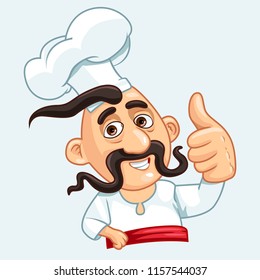 Cooking, profession and people concept - happy male chef cook at restaurant kitchen showing thumbs up